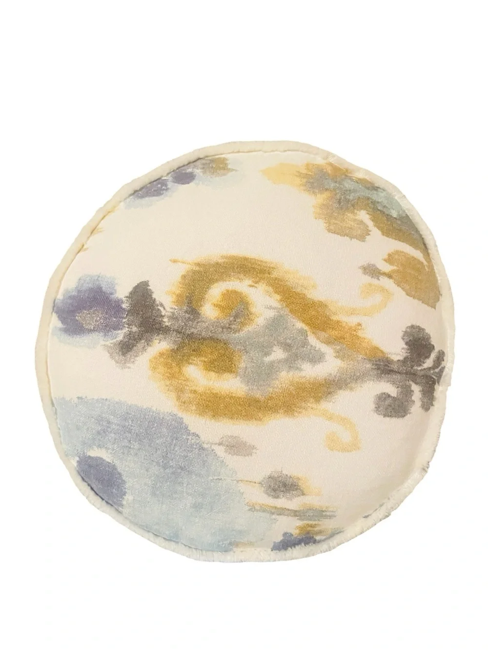 Round Abstract Coastal Accent Pillow Blue Gold Ivory Designer Throw Pillow